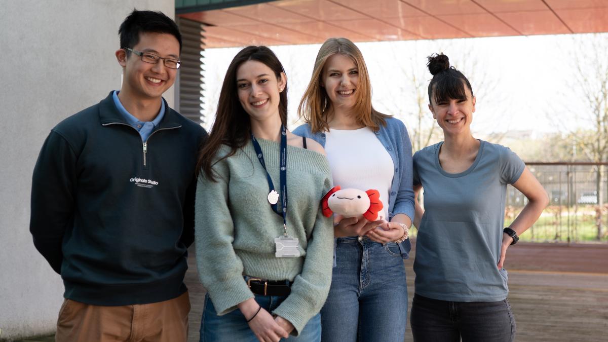 Rodrigo Albors lab group holding axolotl plushie
