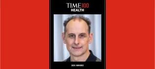 Photograph of Brian Bigger in a black background with a red wide border. Text reads TIME100 Health 2026 Honoree